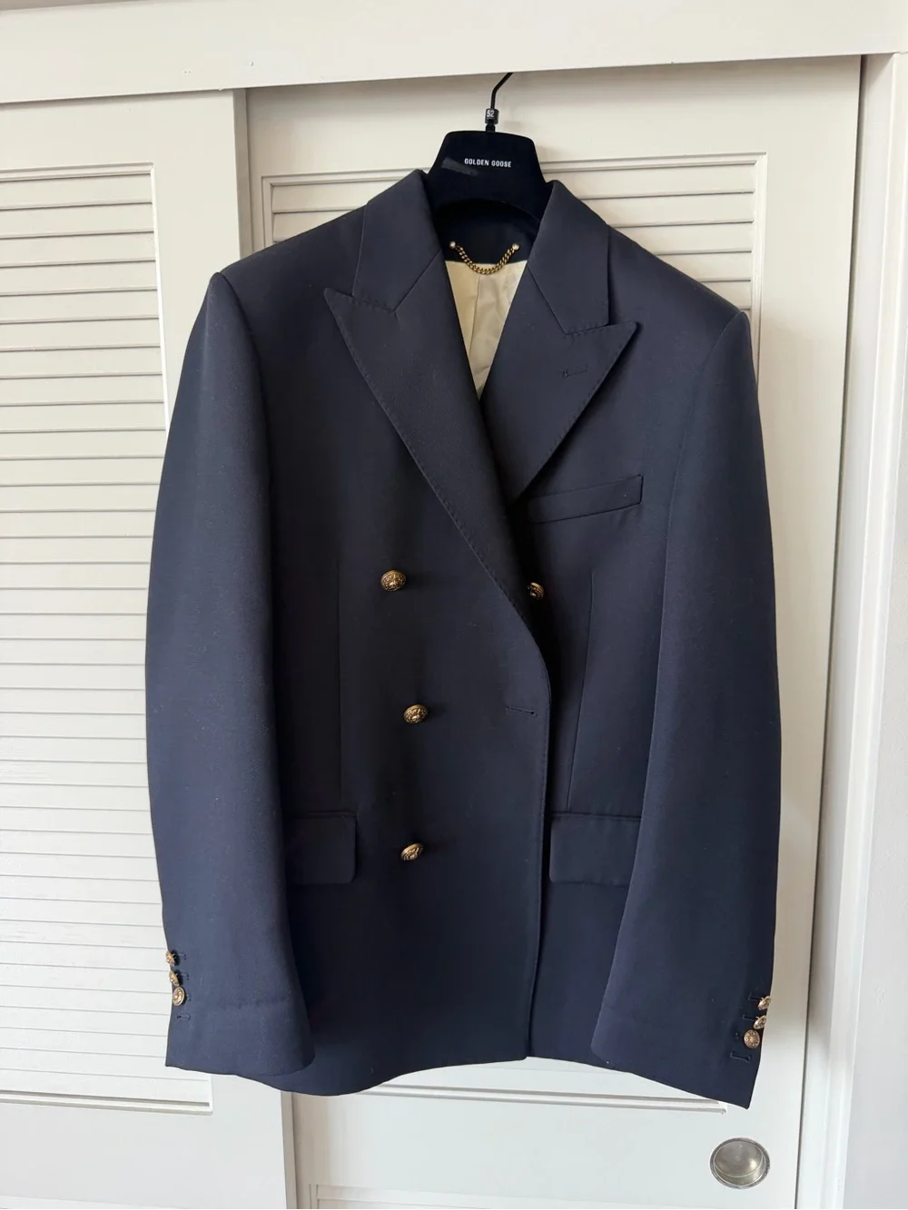 Golden Goose Navy Double-Breasted Sport Coat with Gold Buttons
